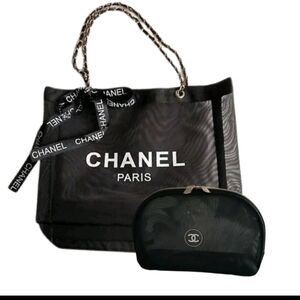 CHANEL Black Mesh Tote with Cosmetic Pouch